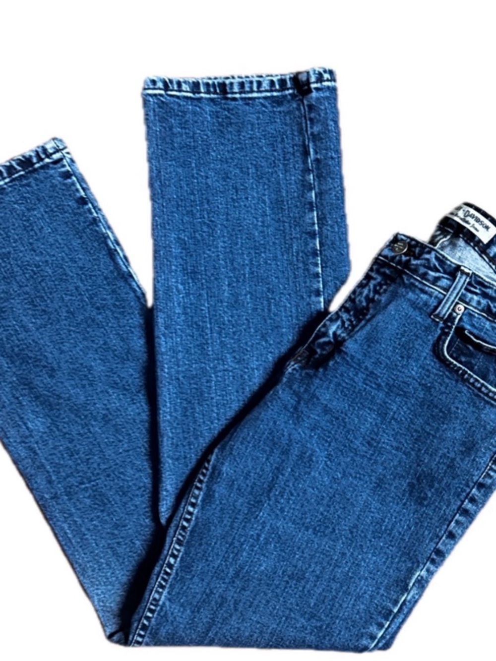 Harley-Davidson Blue Denim Bootcut Jeans with Brown Leather Patch - Picture 2 of 9